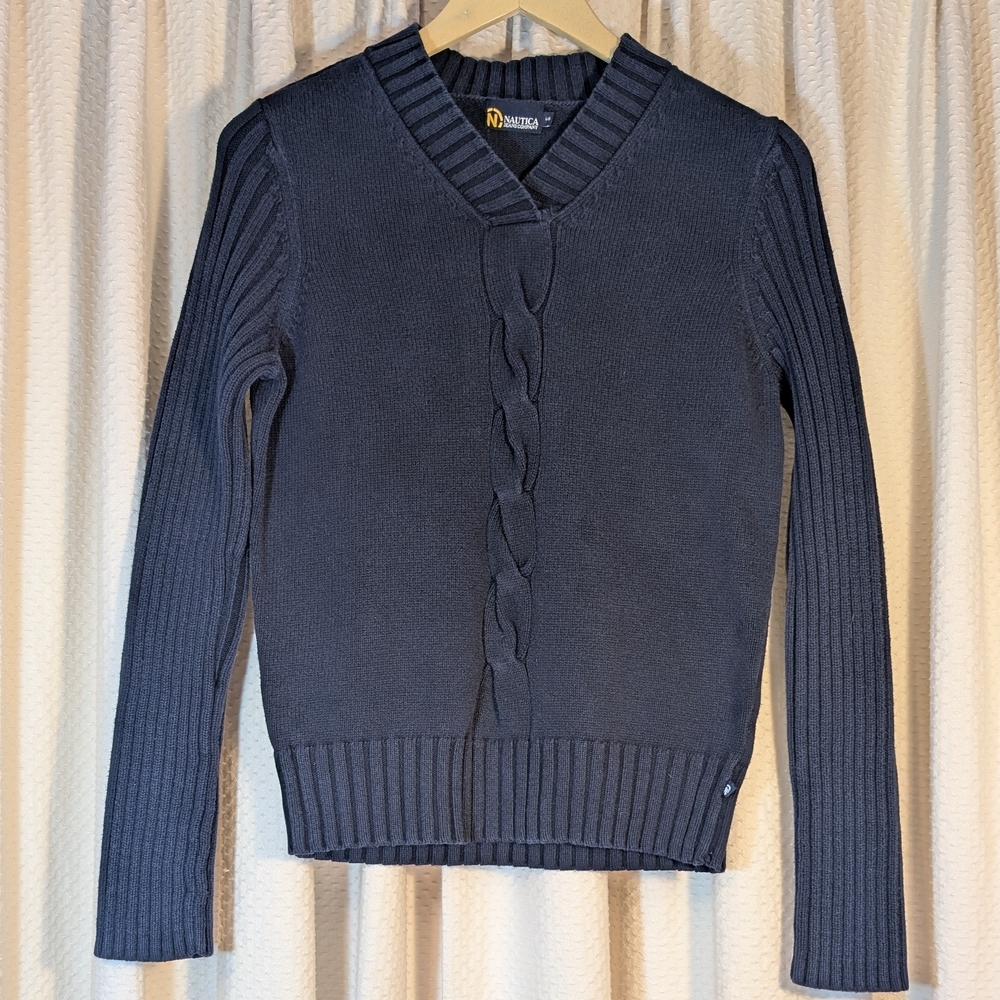 Nautica Navy Blue Cable Knit V-Neck Sweater - Old Money Preppy - Women's Size L